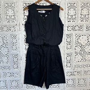 Vintage Kenar Black 100% Linen Button Up Vest & Shorts Set Sz Small